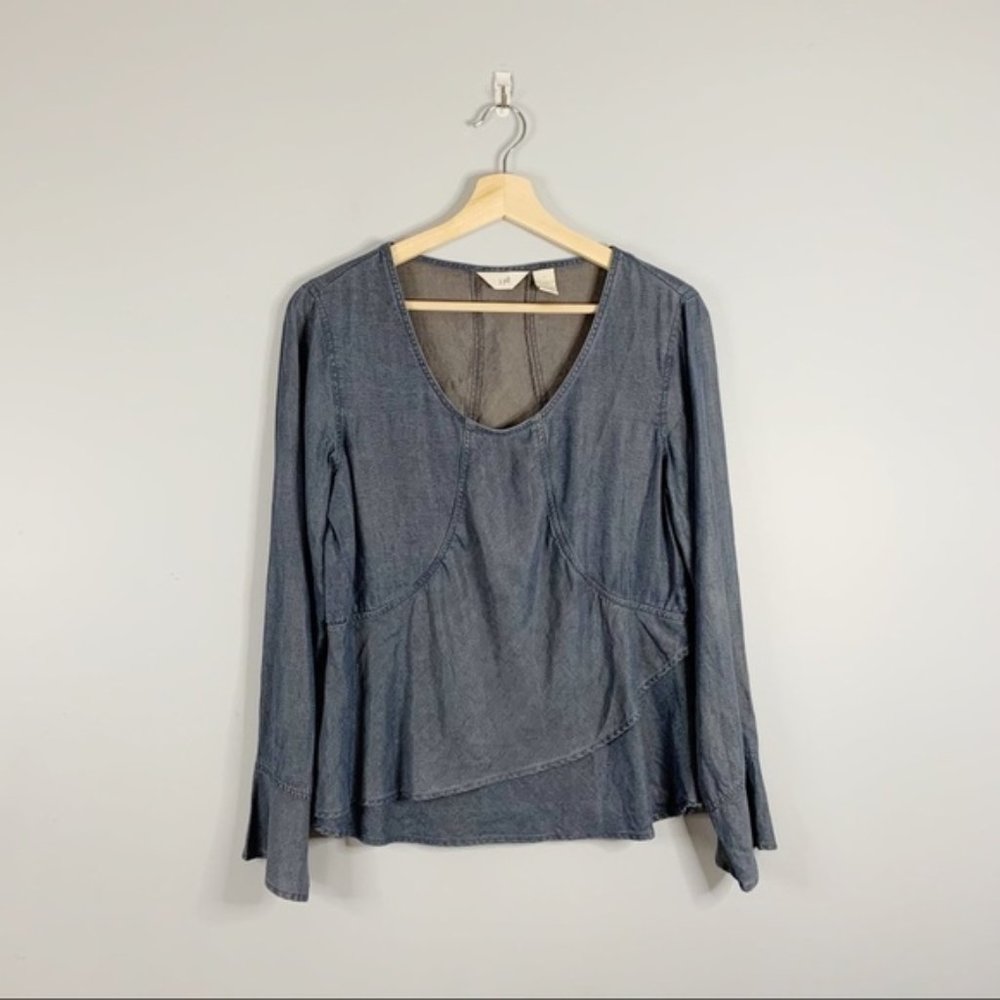 J. Jill Chambray Denim Long Sleeve  Blouse Ruffle Top Shirt